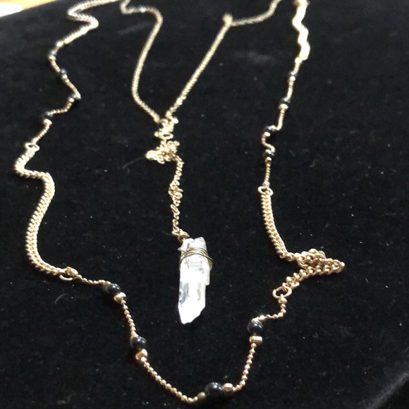 Two Strand Gold Tone Necklace With Clear Quartz Pendulum - Picture 3 of 9